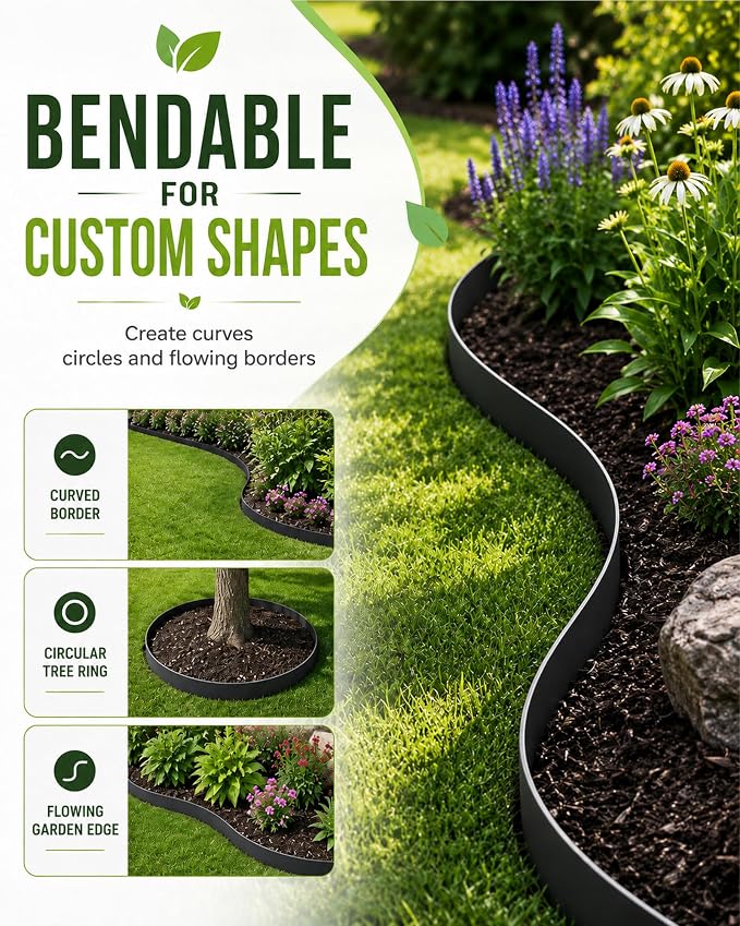 20ft Black Metal Landscape Edging 8 in Steel Garden Border No Dig Hammer in Lawn Edging Kit with 6 Panels and 6 Clamps for Yard Flower Bed Pathway