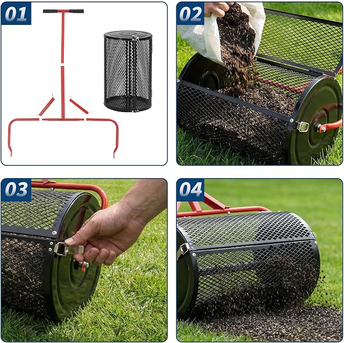 Compost Spreader, 24 Inch Peat Moss Spreader with Handle, 3 Heights Adjustable, Powder Coated Metal Mesh Top Dressing Spreader for Lawn, Planting Seeding