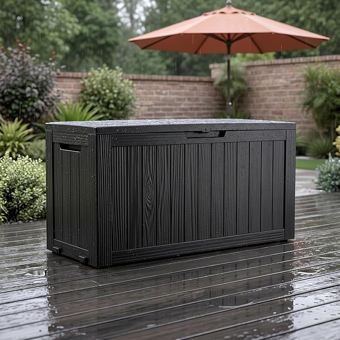 75 Gallon Outdoor Storage Box, Waterproof Resin Deck Box for Patio Cushions & Gardening Tools, Lockable Indoor/Outdoor Storage Bin, Sleek Black Design