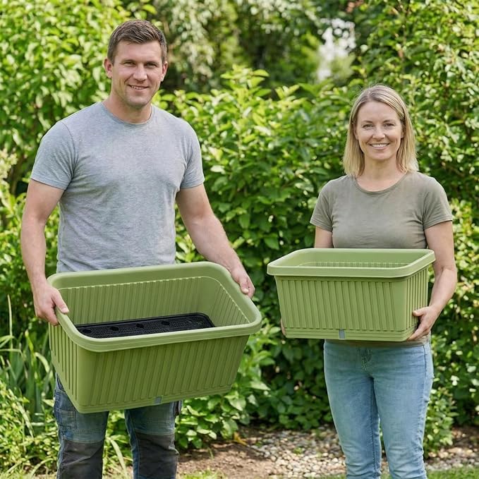 3 Pcs Large Planter Boxes Deep Rectangular Planter Boxes Outdoor Lightweight Plastic Planting Flower Pot with Drainage Holes Plant Pot for Patio, Courtyard, Lawn, Outdoor(Green,28 Inches)