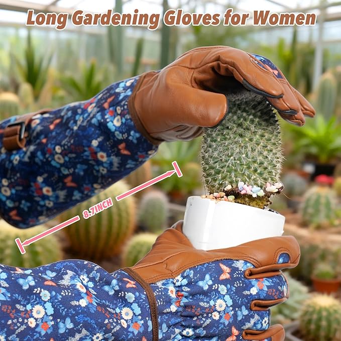 DLY Gardening Gloves for Women, Rose Gloves Thorn Proof, Long Garden Gloves for Women, Breathable Cowhide (Medium, Brown)