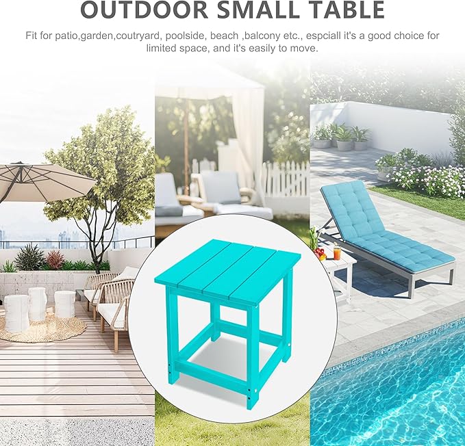 LZRS Square Patio Side Table, Heavy Duty HDPE Outdoor End Table with Wood Texture, Weatherproof Composite Table for Adirondack Chairs, Deck, Pool, Indoor/Outdoor, No Peeling or Cracking(Turquoise)