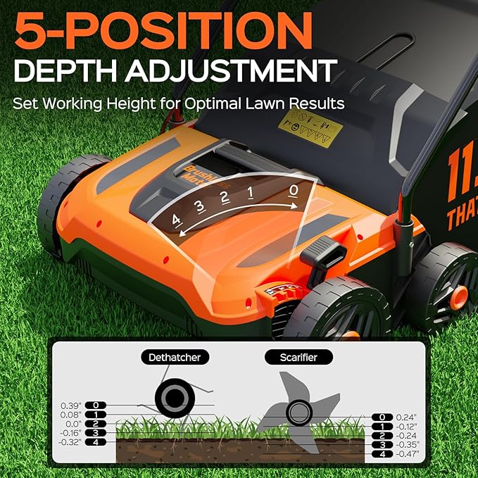 TIECTOWN 14-Inch 13.5 Amp 2-in-1 Electric Dethatcher and Scarifier with 11.5-Gallon Collection Bag, Lawn Dethatcher with 5-Position Depth Adjustment, Blade Replacement Without Tool - Orange