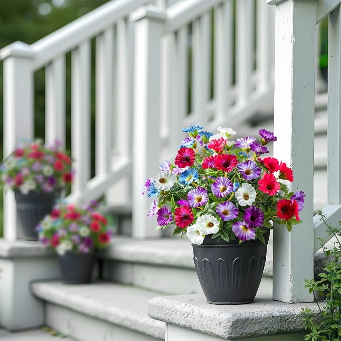 Colorful Artificial Morning Glory Flowers for Outdoor Planters, Premium UV Resistant Silk Faux Flowers for Porch, Hanging Basket & Window Box, Vibrant Garden Decor, No Pot, 13.3 Inch, 4 Bundles