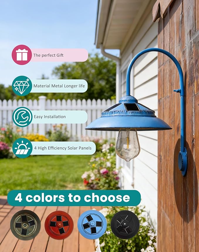 Goodeco Solar Barn Light Outdoor - Motion Sensor Rustic Vintage Gooseneck Wall Light Fixture with Clear Glass LED Edison Bulb, No Wiring, Ideal Gifts for Patio Porch Deck & More (Blue)