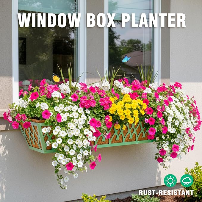 4 Pack 30 Inch Window Boxes Planters Railing Planter Box with Adjustable Brackets for Porch Fence Patio Balcony Hanging Flower Baskets with Coco Liners for Outdoor Garden Decor - Green