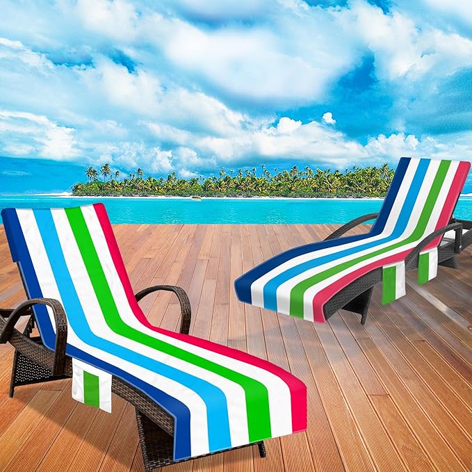 Lounge Chair Towel Cover, Chaise Lounge Cover (Pack of 2), Beach Chair Covers with 3 Pockets for Pool Sunbathing Beach Garden Courtyard Outdoor Trips, 85 x30 in, Striped Colorful Blue Red