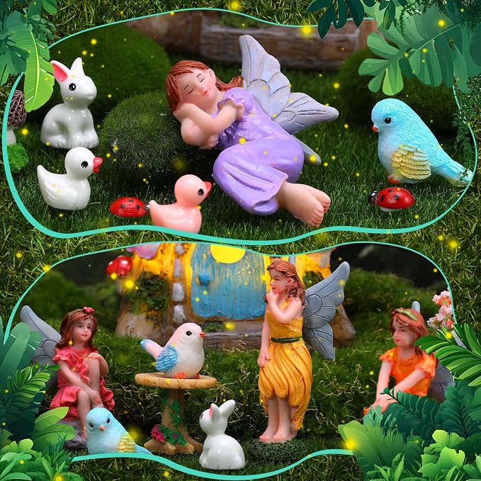 70 Pcs Fairy Garden House Resin Kit Glowing Tree House Miniature Garden Fairy Animals Garden Accessories Decor Outdoor Mini Landscape Ornaments
