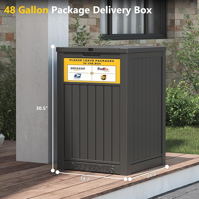 LHBGO Package Delivery Box for Outside, with Delivery Sign 48 Gallon Storage with Lockable Secure, Large Resin Outdoor Package Drop Container