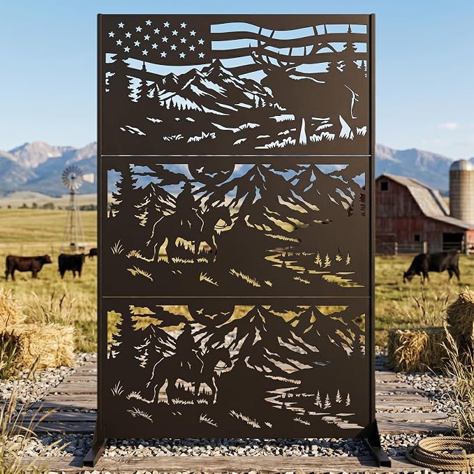 72" H Metal Outdoor Privacy Screen, Western Ranch American Flag Panel | Outdoor Privacy Panels for Balcony, Patio & Backyard, Freestanding Decorative Privacy Panel