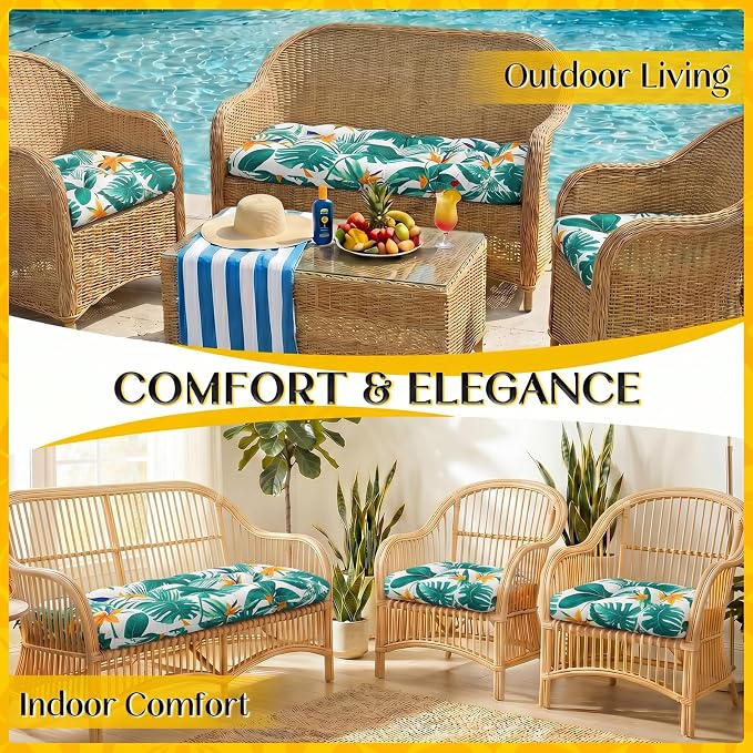 1 MIDDLE ONE Wicker Chair Cushions 3 Pieces Set for Outdoor Furniture, Replacement Patio Wicker Furniture Cushions, 1Pc Loveseat Cushion & 2Pcs Chair Cushions (Tropical Monstera)