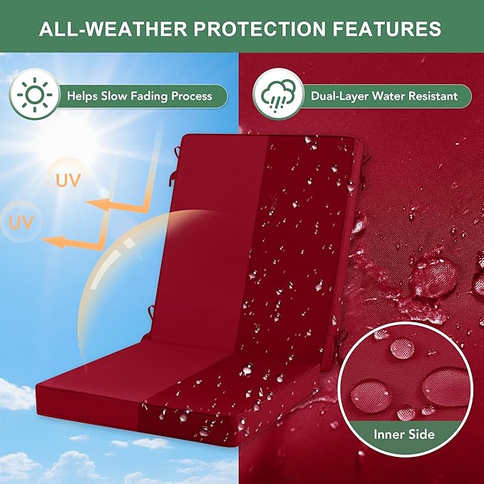 Summsun Patio Dining Seat Cushions, High Back Outdoor Chair Cushion with Water Resistant Removable Covers, Ties, Non-Slip Bottom for Garden Lawn Patio Furniture, 44 x 20 Inch, Burgundy