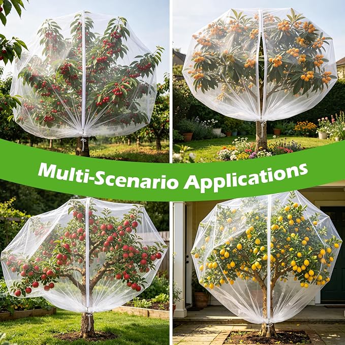 4PCS 10Ft × 10Ft Fruit Tree Netting with Zipper and Drawstring, 60 Mesh Thickened Garden Bird Netting for Blueberry Bushes, Fruits, Vegetables, Insect Bird Barrier Mesh Protective Cover