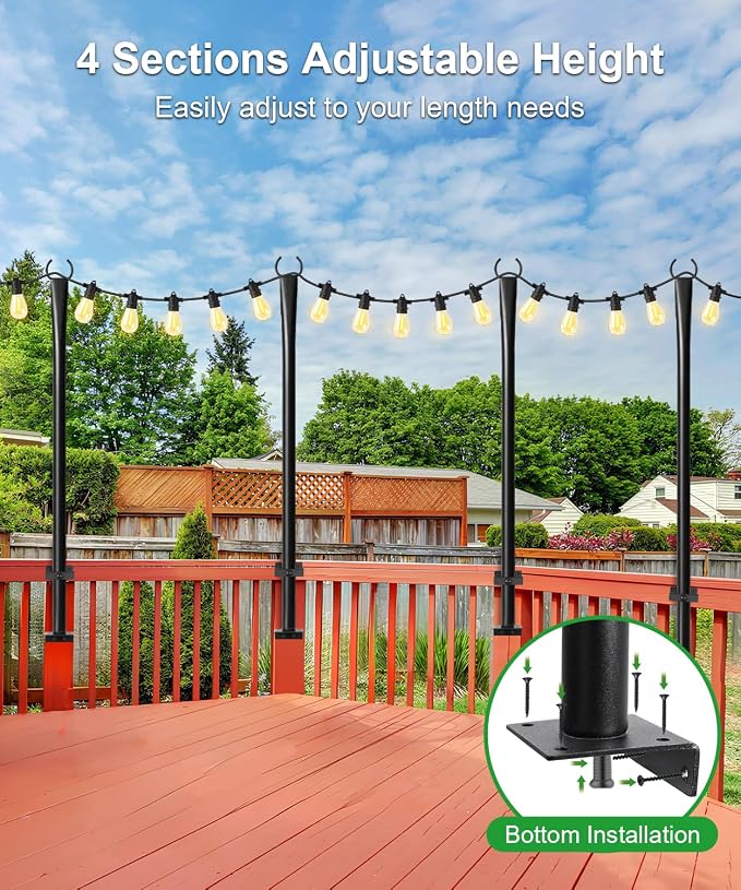 4 Pack String Light Poles for Deck, 5Ft Upgraded Heavy-Duty Metal Deck Light Poles for Outside with Fixing Clips, Lighting Hanging Post Accessories for Patio Decor Garden Backyard Yard Fence Porch
