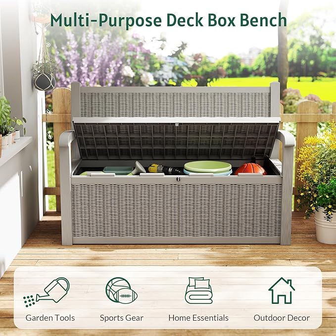 Skepphlay 70 Gallon Storage Bench Deck Box Outdoor, Deck Storage Bench Outside, Lockable Outdoor Benches with Armrest & Back, Deck Boxes Waterproof for Pool Patio Garden (Grey)