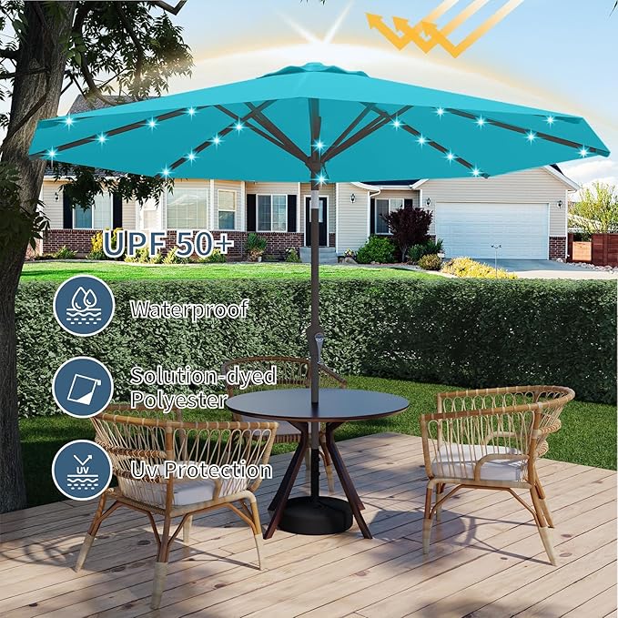 9FT Patio Umbrella with Solar Lights,Outdoor Market Umbrella with Tilt and Crank, LED Lighted Table Umbrella for Garden,Deck,Backyard,Pool,Beach