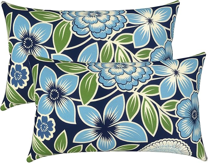 LVTXIII Set of 2 Patio Lumbar Pillows, 12" x 20" Fade Resistant Outdoor Lumbar Pillow with Inners, Fluffy Decorative Garden Lumbar Cushions for Home Patio Coach Sofa Use, Azure Botanical Symphony‌