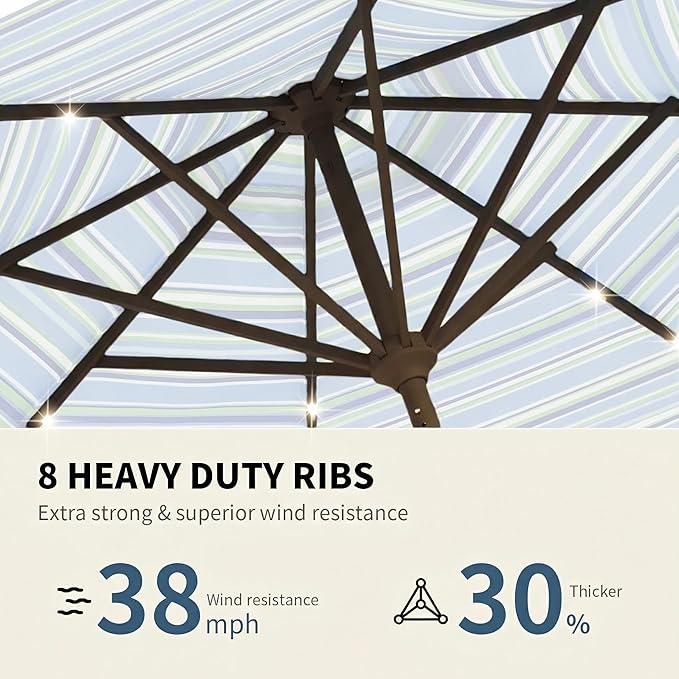 9FT Patio Umbrella with Solar Lights,Outdoor Market Umbrella with Tilt and Crank, LED Lighted Table Umbrella for Garden,Deck,Backyard,Pool,Beach