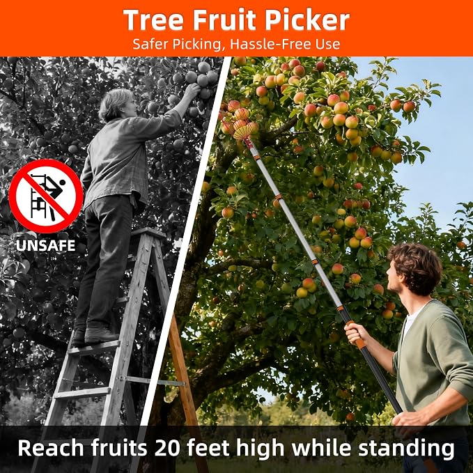 30FT Reach Fruit Picker with Basket, Telescoping Aluminum Pole 5-24FT, Dual Flip-Lock & Screw Fixing Design for Apple Orange Mango Avocado Lemon Picking