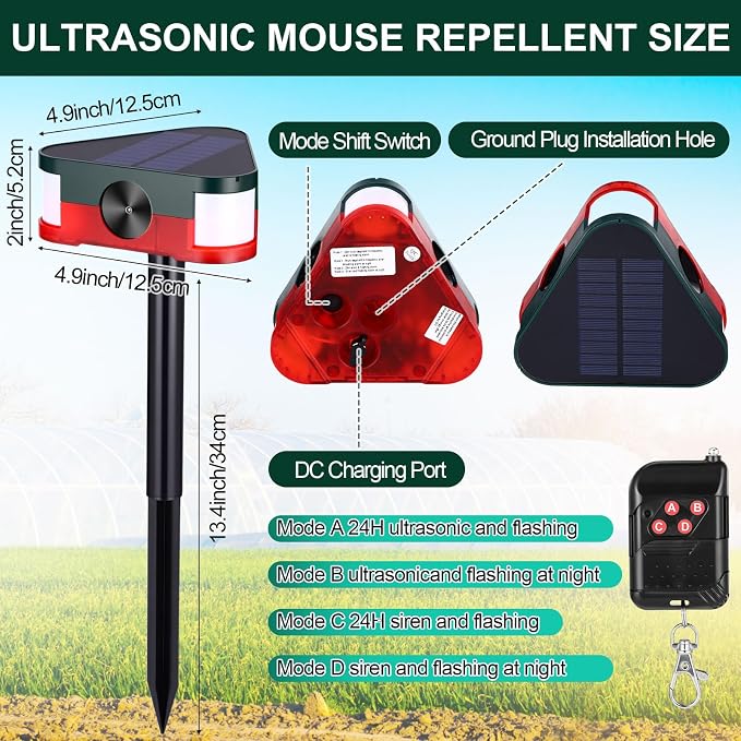 Qualirey 2 Pack 360° Solar Outdoor Motion Sensor Alarm 4 Modes Ultrasonic Animal Deterrent with 3 Loud 129dB Sirens Flashing Light Remote Control for Yard Garden Farm Repel Deer Coyote Raccoon Dog