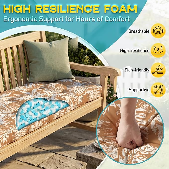 Outdoor Bench Cushion, Tufted Patio Seat Pad for Garden Bench, Porch Swing, Indoor/Outoor Furniture (Brown White Leaf, 48X18X4 inch)