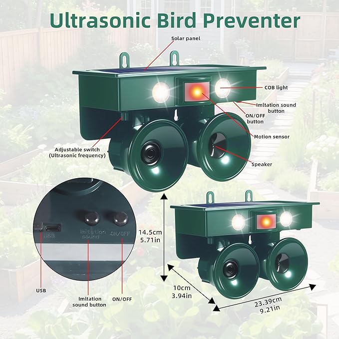 2026 New Ultrasonic Bird Repeller Solar Powered Outdoor Motion Activated Bird Pigeon Deterrents for Outside IP65 Woodpecker Goose Repellent Devices for Rooftops Porch Patio Balconies