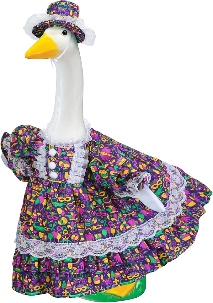 Mardi Gras Goose Outfits for Porch Goose 23" Cement Statue Clothing - Carnival Funny Outdoor Decoration for Patio Yard Lawn