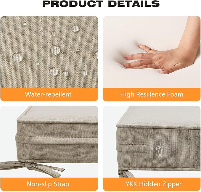 Unimatta Square Corner Seat Cushions, 19" x 19" x 3", Set of 4, Indoor Outdoor Water Repellent Universal Chair Pads with Ties for Patio Furniture, Garden Deck Dining Chairs, Tan