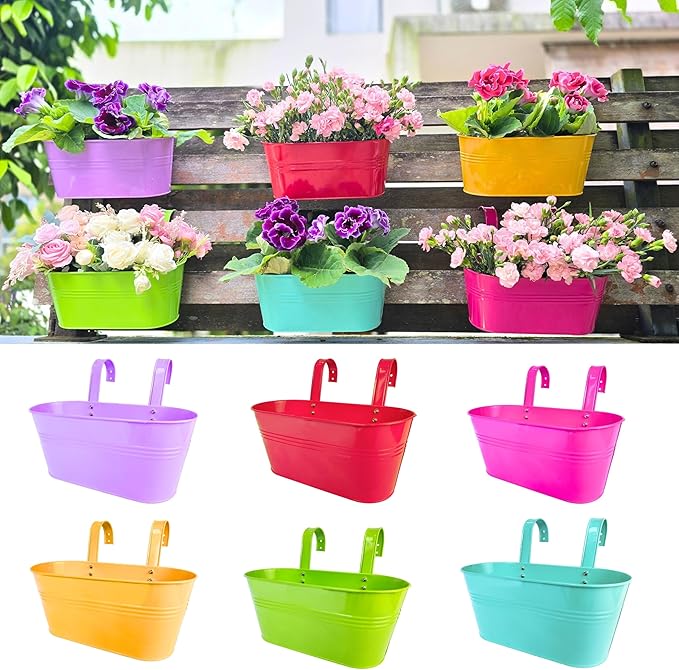 LaLaGreen Rail Planter (17 Inch, 6 Pack) Colorful Outdoor Hanging Flower Metal Planters Railing Fence Balcony Gardening for Apartment Patio Modern Garden Style Iron Deck Decoration Porch Decor Pots