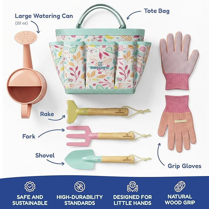 Kinderific Gardening Set, Tool Kit, for Kids, STEM, Includes Tote Bag, Spade, Watering Can, Rake, Fork, Trowel and Gloves, Fruity