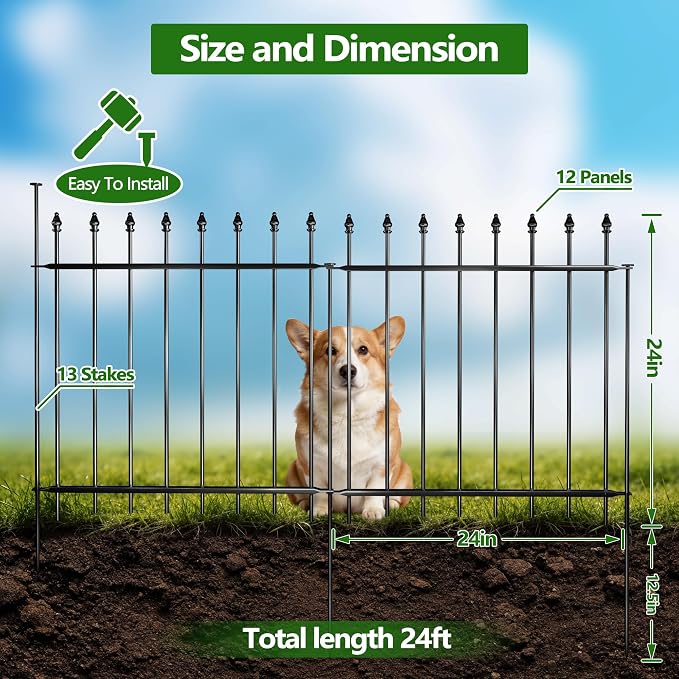 Decorative Metal Garden Fence，(12 Panels+ 13 Posts), Total Iength24 ft(W) x 24 in(H), High Metal Border Fence, Classic Roman Column Decoration, Garden and Lawn Landscape Fence, Black Animal Fence