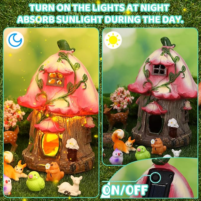 75 Pcs Fairy Garden House Resin Kit Glowing Tree House Miniature Garden Fairy Animals Decor Mini Landscape Ornaments