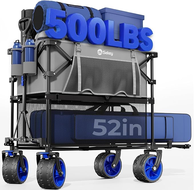 Sekey 500LBS Heavy Duty Double Decker Wagon with Extender, 400L Large Capacity Collapsible Garden Cart Fits 10x10 Canopy, All-Terrain Big Wheels with Brakes, Foldable Utility Wagon for Sports, Camping
