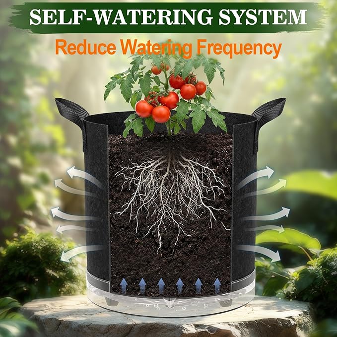 5 Pack 7 Gallon Self-Watering Grow Bags, Thick Nonwoven Fabric Pots with Support Rings and Reinforced Handles, Self-Watering Planter with Bottom Reservoir for Tomatoes Peppers Potatoes and Vegetables