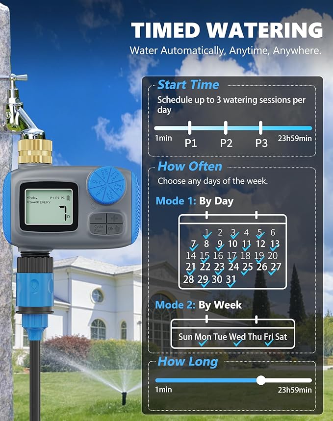 Sprinkler Timer with Brass Swivel, Hose Timers for Watering, Water Timer for Garden Hose, Digital Irrigation with Rain Delay & Manual Mode, Automatic Watering System for Outdoor Garden Lawn