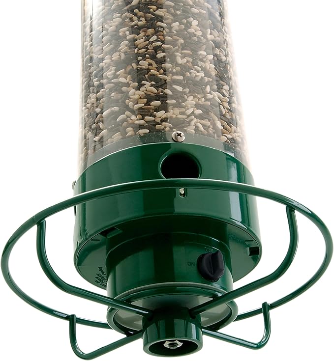 Droll Yankees Squirrel Proof Bird Feeder for Outdoors – Rechargeable Weight-Activated Rotating Perch, 5lb Seed Capacity, Metal Base, UV-Stabilized Seed Tube, Hanging Green Yankee Flipper, YF-M