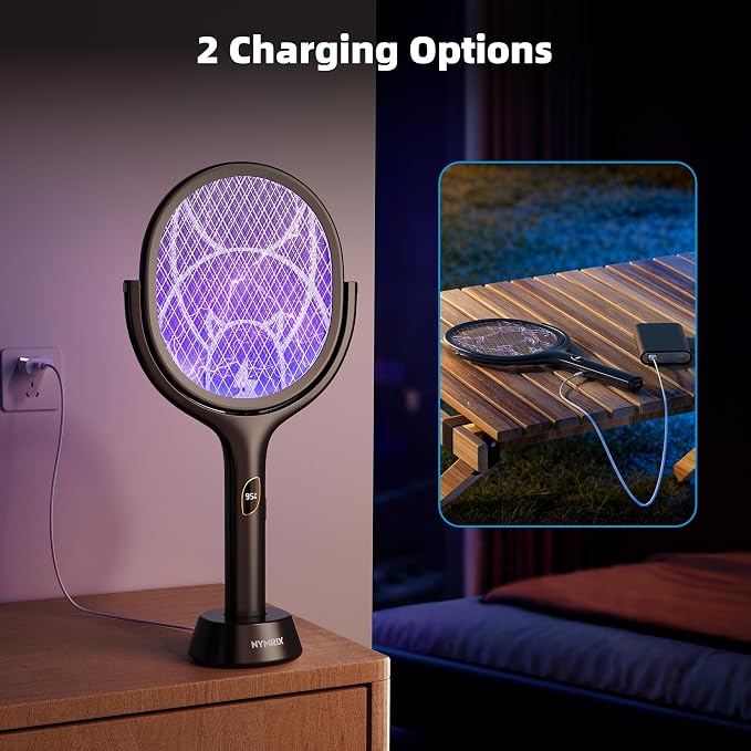 Nymrix Electric Fly Swatter Racket with Rotating Head & Telescopic Handle, 2-in-1 Bug Zapper, 4100V Rechargeable Mosquito Killer with 2600 mAh Battery for Indoor & Outdoor Use (Black,2 Pack)