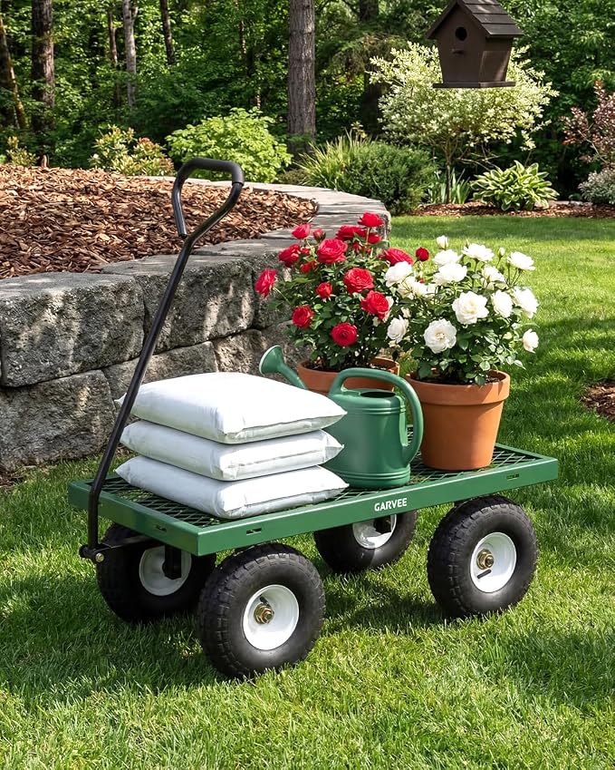 Garvee Versatile Outdoor Utility Cart - 400LBS Heavy-Duty, 10" All-Terrain Pneumatic Tires, Easy Maneuverable Lawn Cart with Removable Mesh Panels for Gardening & Landscaping, Green