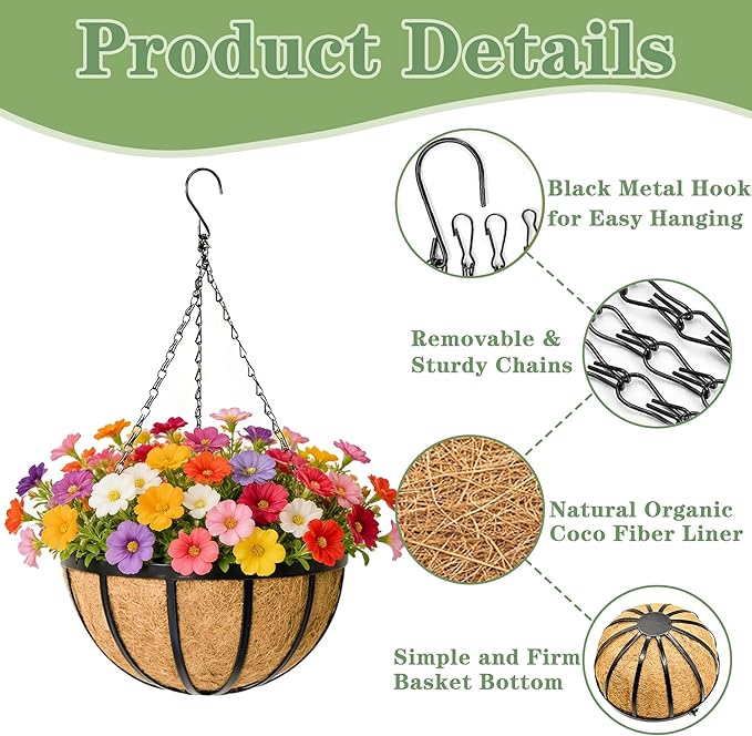 Black Flat Iron Metal Hanging Planter Basket with Coco Coir Liner(2 Pack, 12 Inch) Hanging Planters for Outdoor Plants Round Plant Flower Pots Hanging Flower Basket for Outdoor Patio Garden Decoration