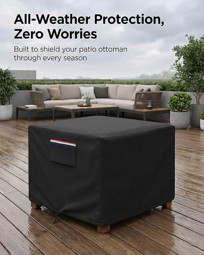 Square Waterproof Patio Ottoman Cover, 600D Heavy Duty Outdoor Furniture Cover with Windproof Buckles Air Vents, All-Weather Protector for Patio Ottoman or Outdoor Side Table 32 x 32 x 18 Inch, Black