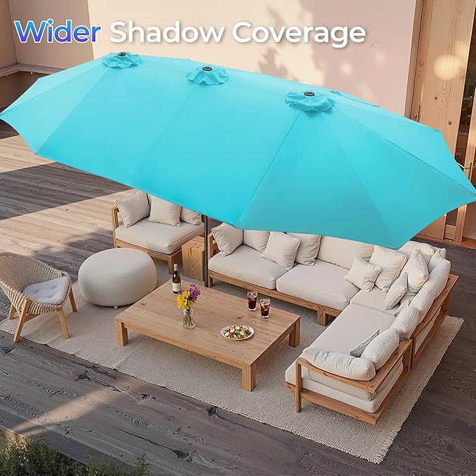 SUPERJARE 15FT Outdoor Umbrella for Patio, Double sided Pool Umbrellas with Fade Resistant Canopy, Large Table Umbrella for Deck, Market, Backyard - Light Blue(No Base)