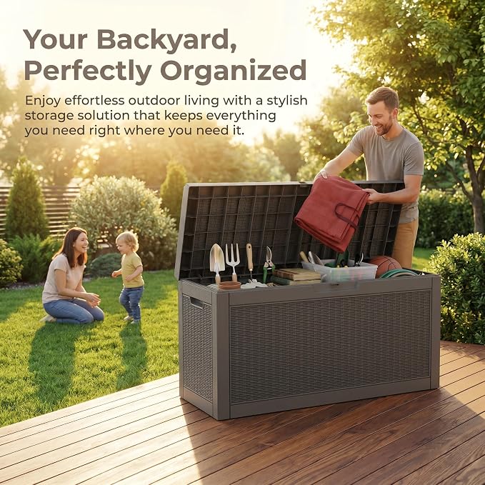 60 Gallon Deck Box, Waterproof Resin Outdoor Storage Box Lockable for Patio Furniture, Fade Resistant Patio Side Table & Organizer for Garden Tools, Pool Floats, Outdoor Cushions, Light Coffee
