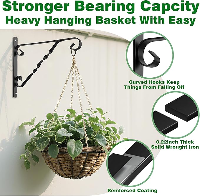 AMAGABELI GARDEN & HOME 4 Pack Hanging Plant Brackets Outdoor 14 inch Metal Fence Wall Plant Hanger Hooks for Hanging Flower Bird Feeders Lanterns Wind Chimes Rust-Resistant Black
