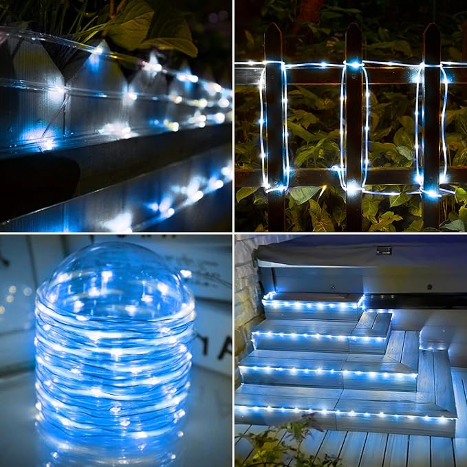 Solar Rope Lights, 2 Packs Total 66ft 200LED Solar String Lights, 8 Modes Waterproof Solar Powered Outdoor Light, Flexible Clear Tube Light for Garden Yard Patio Deck Porch Tree Xmas Decor-White&Blue