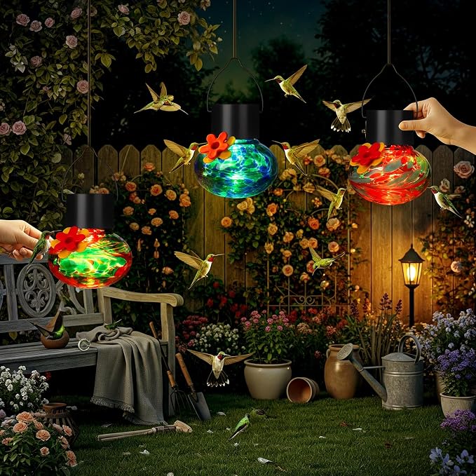 Nuogo 3 Pcs 3.54 Inch Blown Glass Hummingbird Feeders Solar Powered Hummingbird Feeder with LED Light for Garden Outdoors Window Decor Valentine Hanging Gifts Ant and Bee Resistant(Stylish Colors)