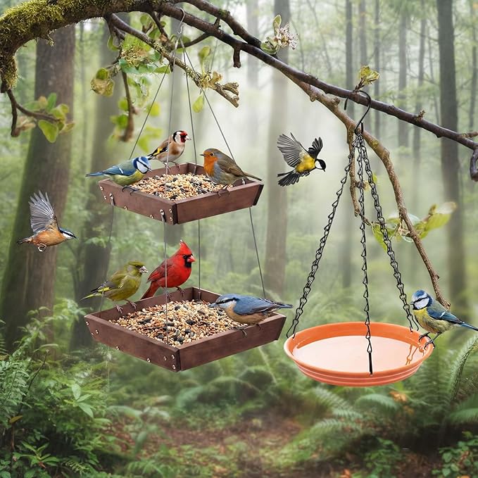 2 Tier Large Platform Cedar Bird Feeders with Round Hanging Birds Watering Tray, Bird Bath, Wooden Mesh Seed Tray Platform for Outdoors Garden Decor, for Cardinal Blue Jay