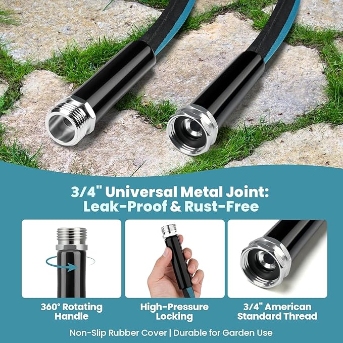 15ft Garden Hose, Lightweight Flexible Water Hose with 3/4" Rustproof Metal Fittings & Rubber Washer – Kink-Free, Weather & Abrasion Resistant, Easy Storage for Balcony & Bathroom
