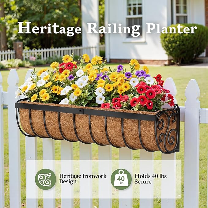 VOXOR Railing Planter Boxes, 24 Inch Window Boxes Planters, Balcony Planters with Adjustable Brackets & Coco Liner & Support Rod for Outdoor Fence, Deck, Porch, and Patio Gardening, 2 Pack