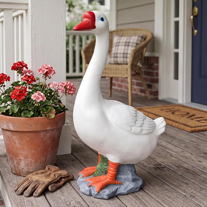Porch Goose Statue - 19.5" Garden Resin Goose Decorative Figurine Duck Sculpture for Outdoor Indoor Patio Lawn Decor Gift for Women Mom