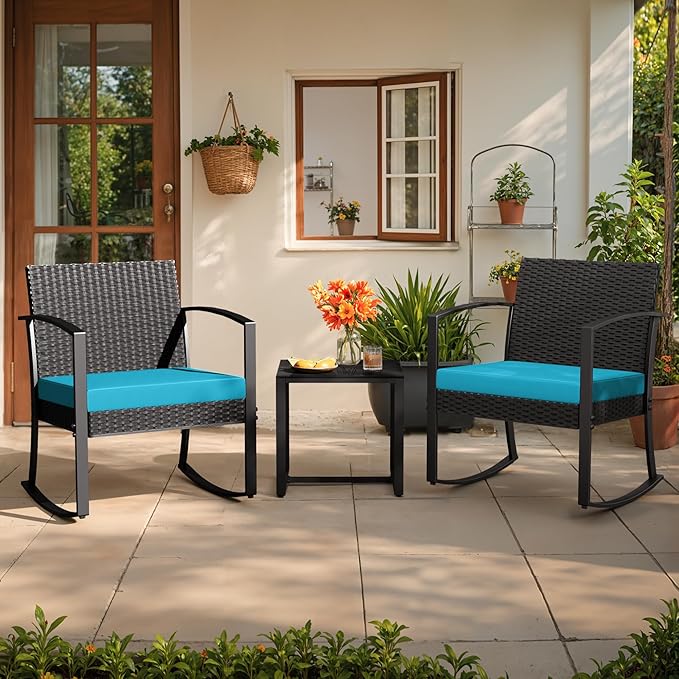 Greesum 3 Piece Outdoor Bistro Set, Imitation Rattan Conversation Set, Patio Furniture with Glass Top Coffee Table for Pool, Deck, Porch, Garden or Balcony, Bright Blue